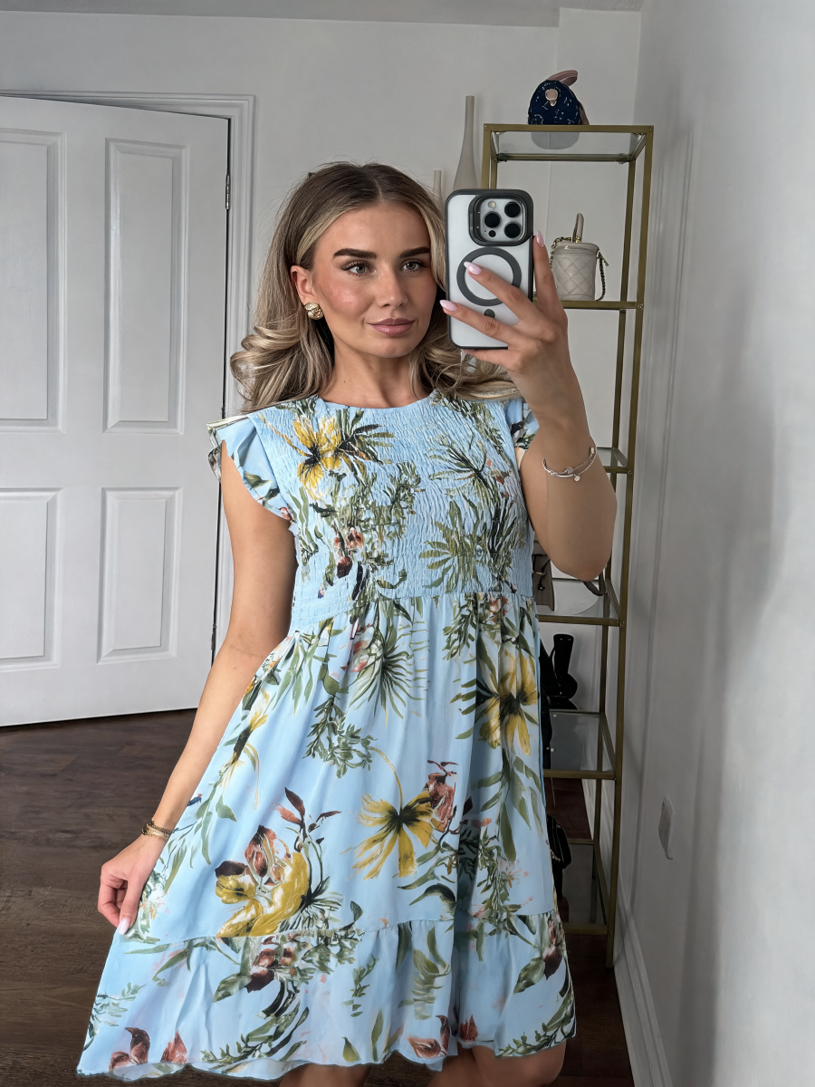 Tropical Leaf Print Shirred Bodice Mini Dress - Sky Blue
