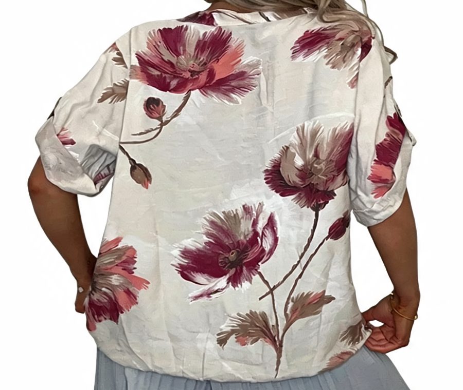 Bold Floral Print Button-Front Blouse - Beige