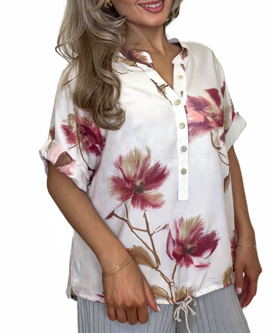 Bold Floral Print Button-Front Blouse - White