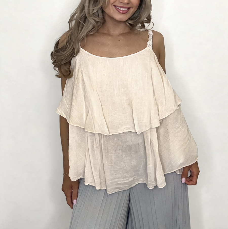 Tiered Ruffle Cami Top with Lace Straps - Beige
