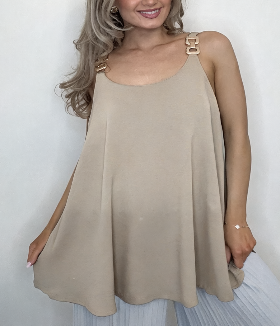 Swing Cami Top with Gold Chain Strap Detail - Taupe
