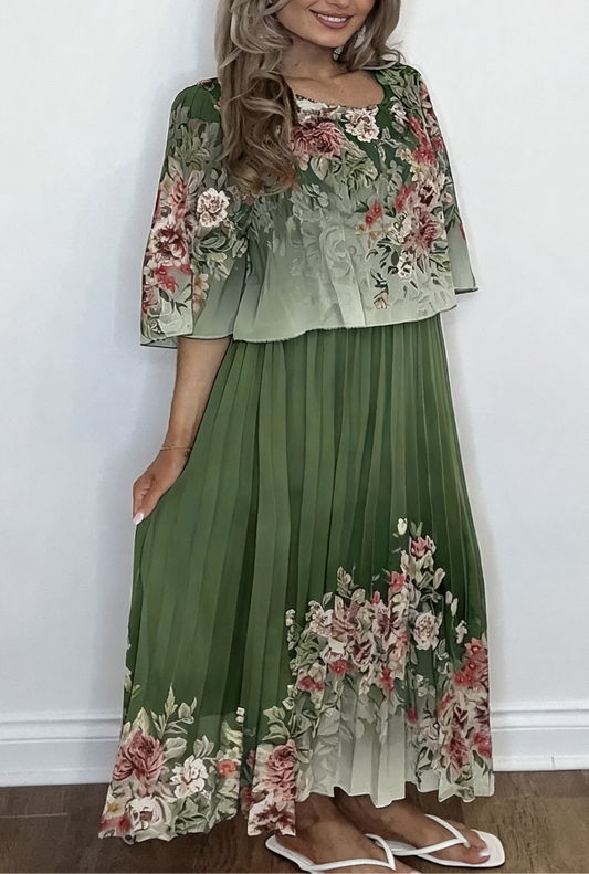 Floral Border Print Pleated Dress - Khaki