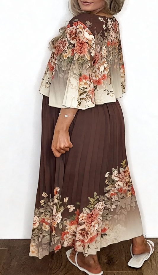 Floral Border Print Pleated Dress - Brown