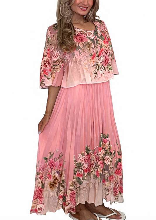 Floral Border Print Pleated Dress - Pink