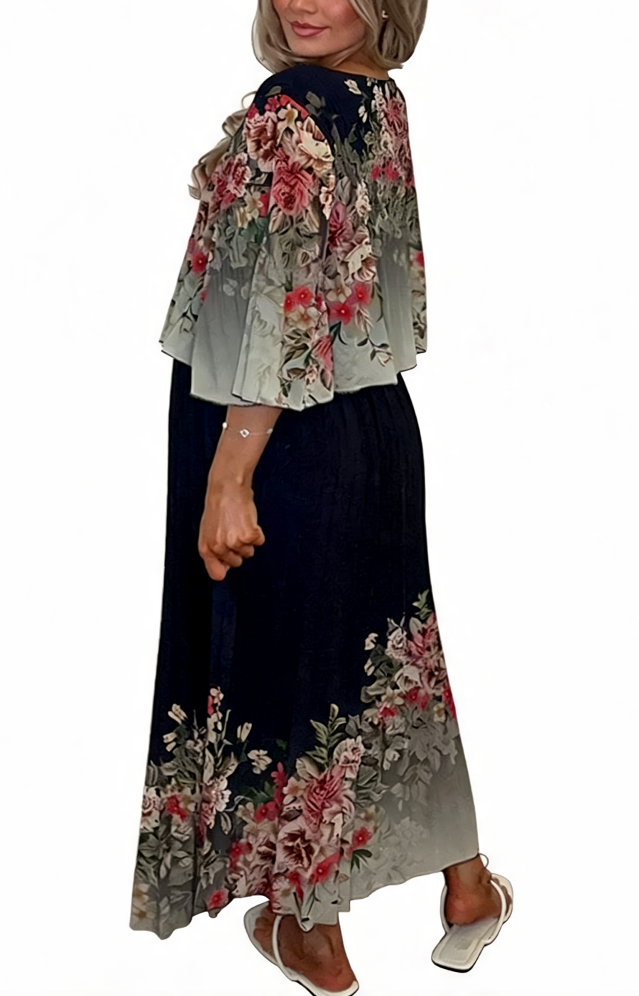 Floral Border Print Pleated Dress - Black
