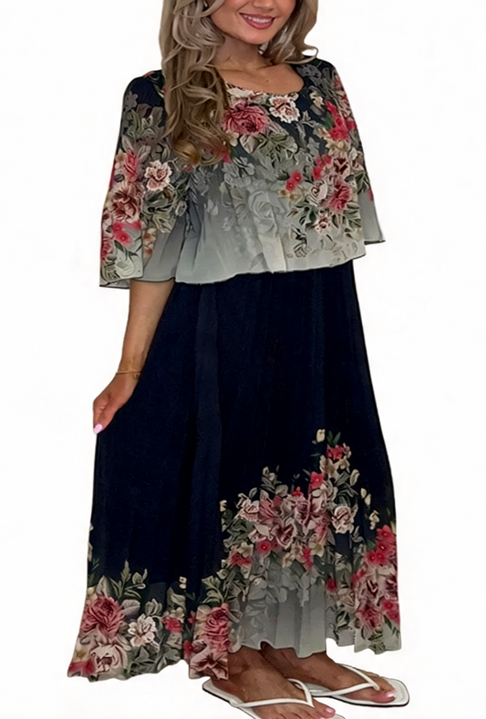 Floral Border Print Pleated Dress - Black
