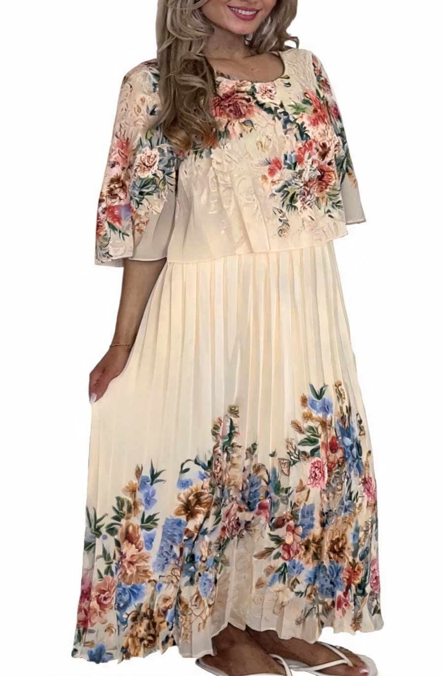 Floral Border Print Pleated Dress - White