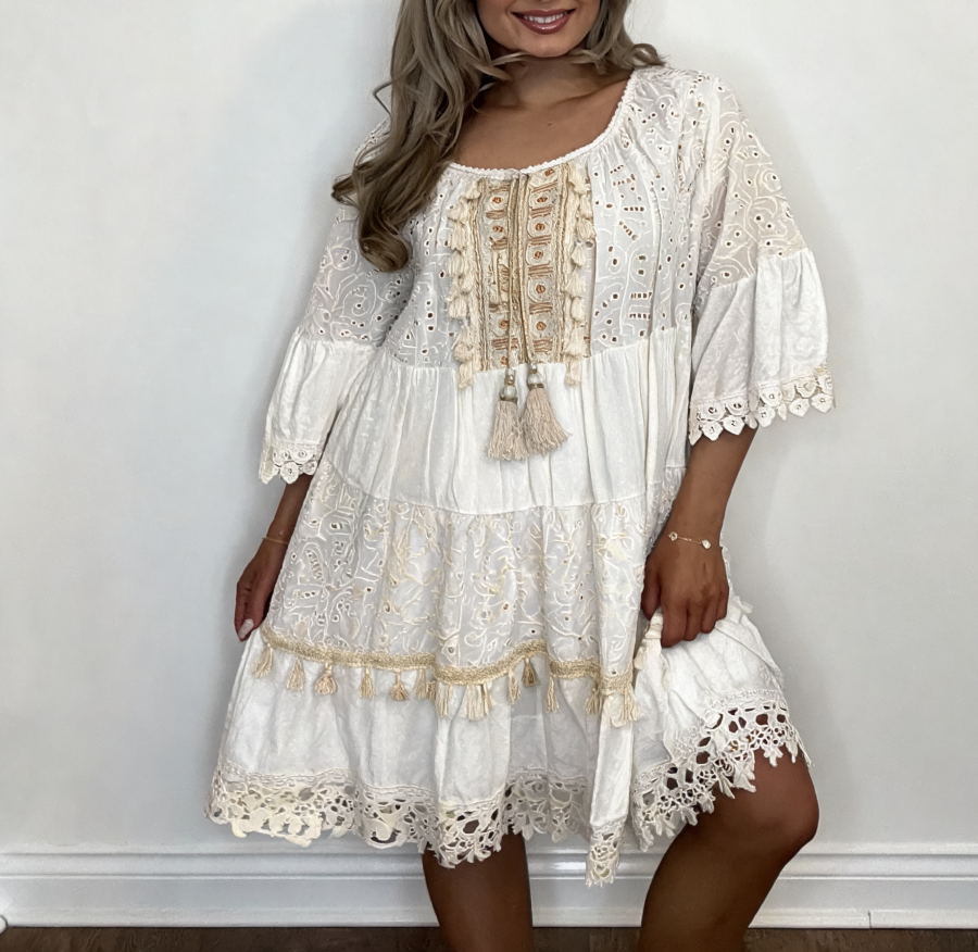 Tiered Broderie Anglaise Boho Mini Dress with Tassel & Lace Trim - White