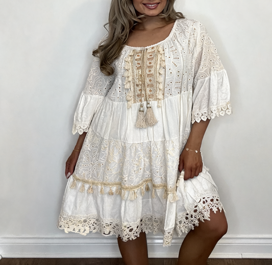 Tiered Broderie Anglaise Boho Mini Dress with Tassel & Lace Trim - White