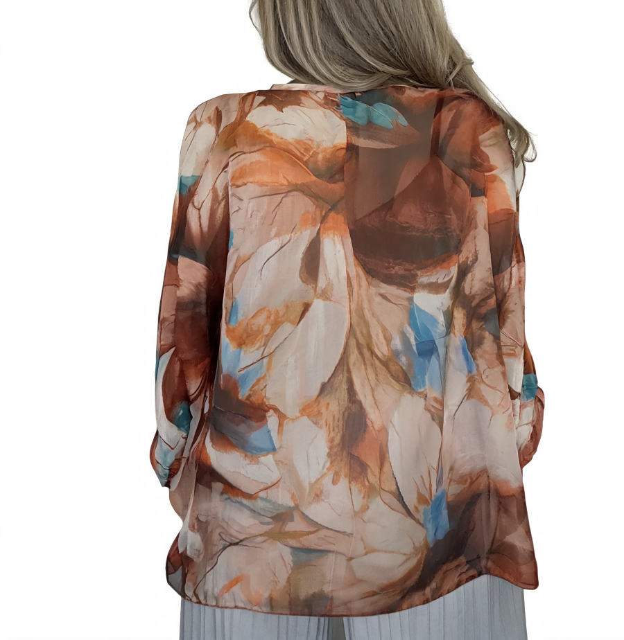 Sheer Abstract Print Button-Up Blouse, Watercolour Chiffon Shirt - Beige