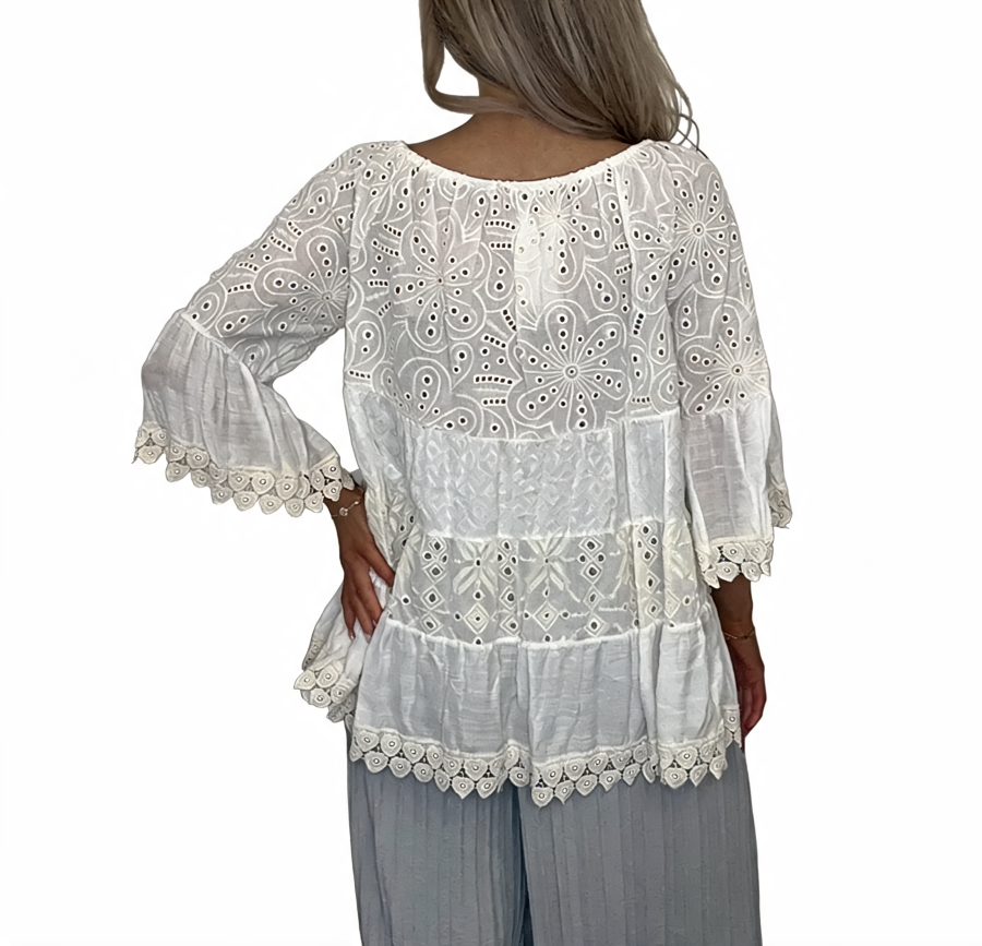 Boho Broderie Anglaise Tassel Tie Top Crochet Lace Tiered Blouse - White