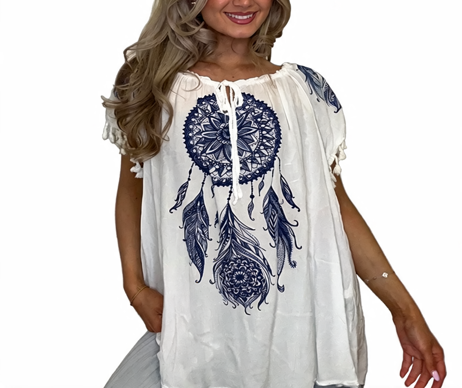 Dreamcatcher Print Bardot Top | Boho Feather Graphic Blouse - White