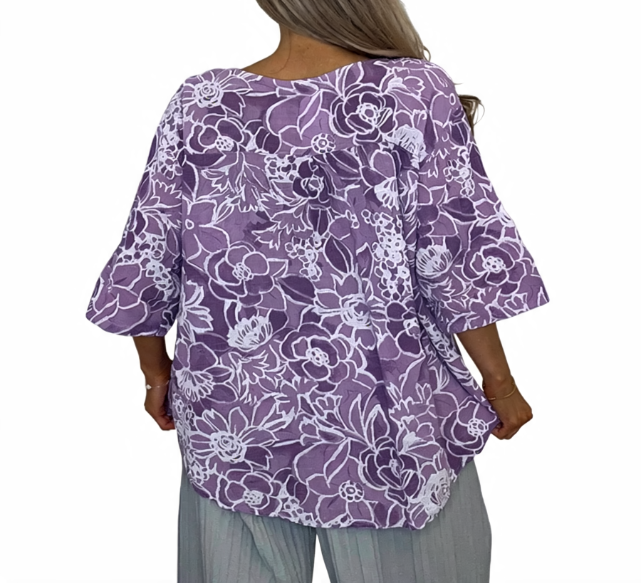 Floral Print Linen Blouse | Oversized Button Front Top - Lilac