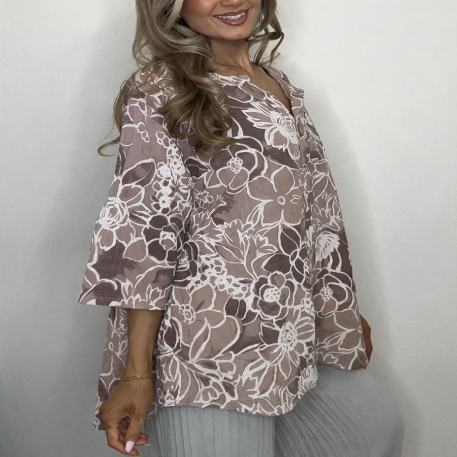 Floral Print Linen Blouse | Oversized Button Front Top - Taupe