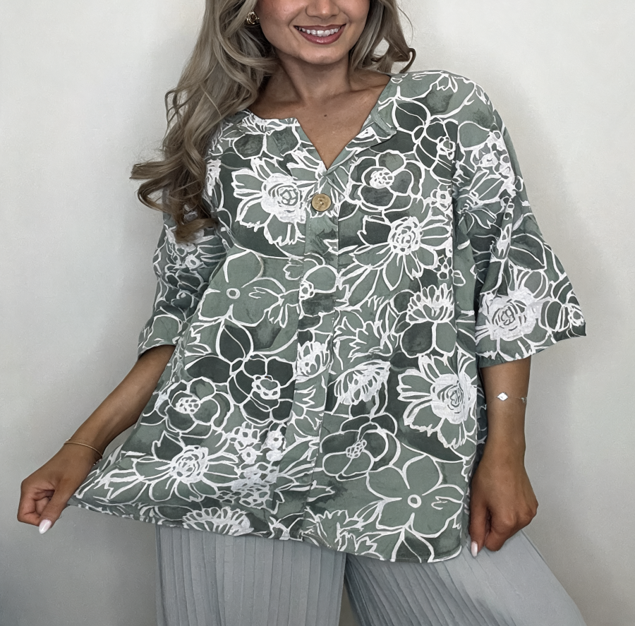 Floral Print Linen Blouse | Oversized Button Front Top - Khaki