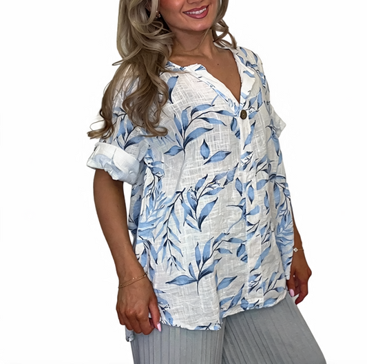Leaf Print Linen Top | Oversized Wooden Button Blouse - White