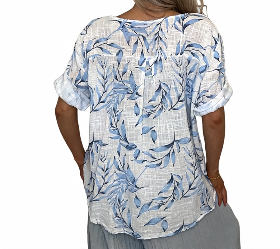 Leaf Print Linen Top | Oversized Wooden Button Blouse - White
