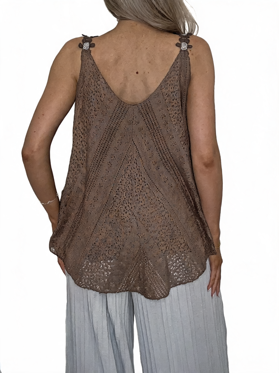 Lace Crochet Swing Cami Top | Diamante Flower Strap Vest - Taupe