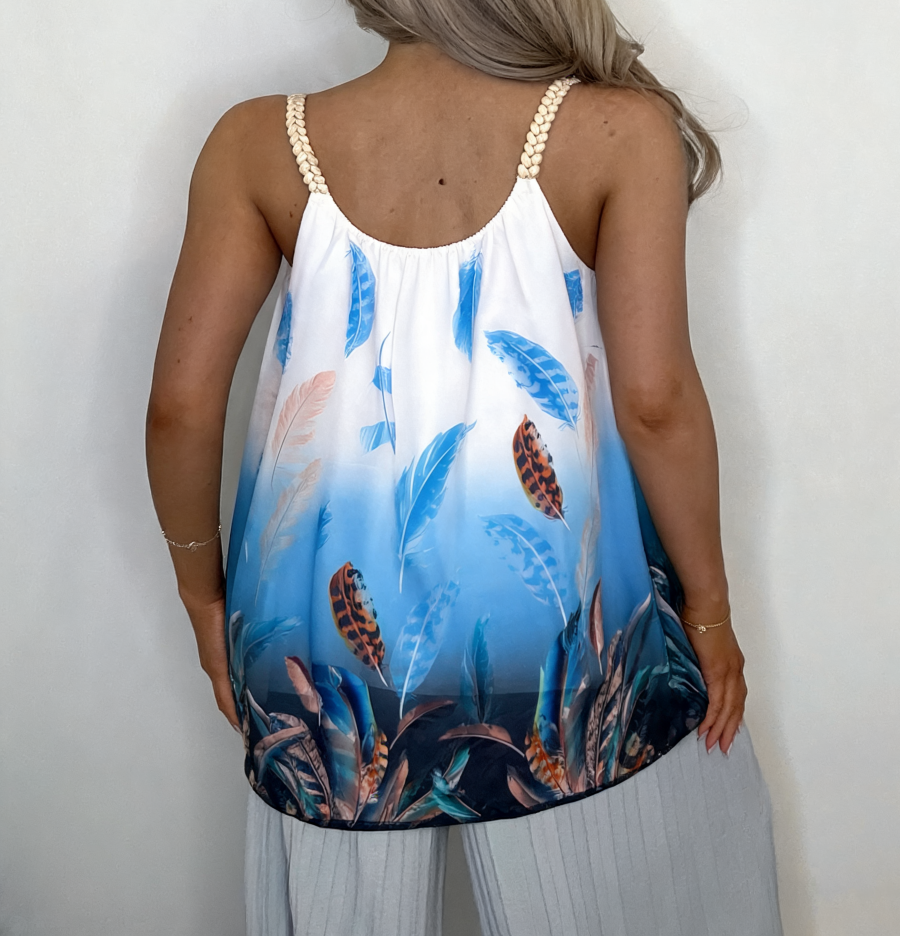 Tropical Feather Print Halter Top - Sky Blue