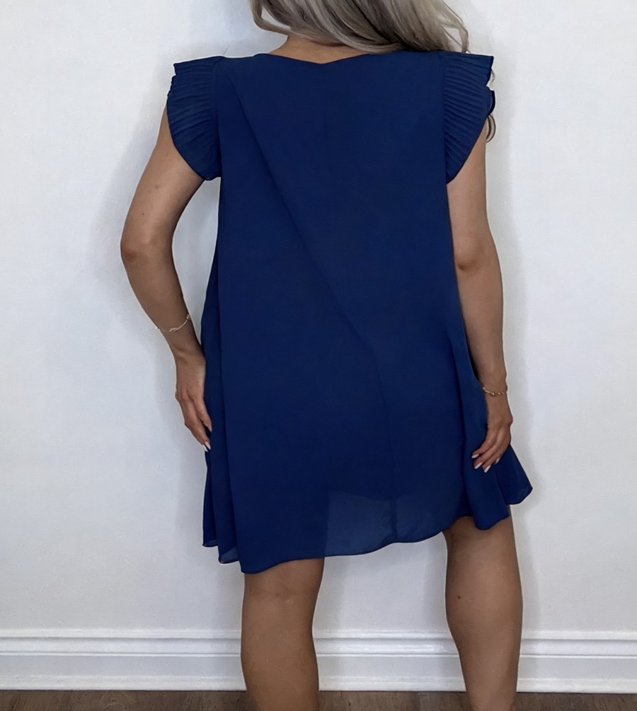 Chiffon Ruffle Sleeve Swing Dress - Navy