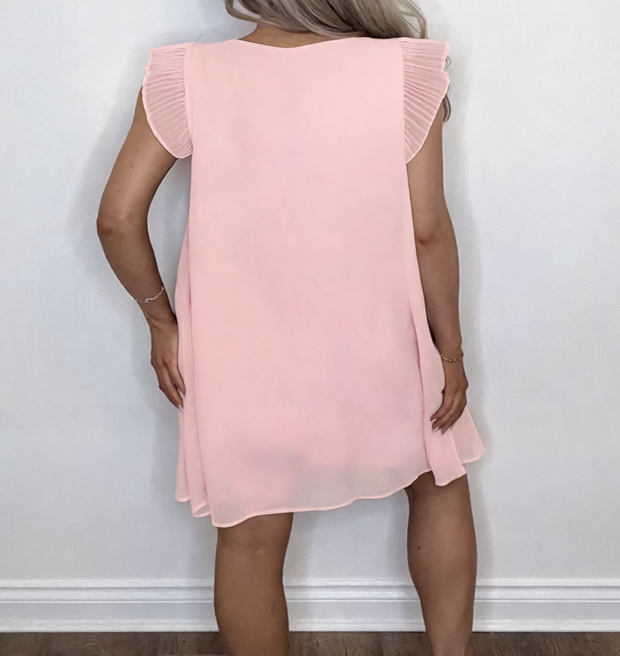 Chiffon Ruffle Sleeve Swing Dress - Pink