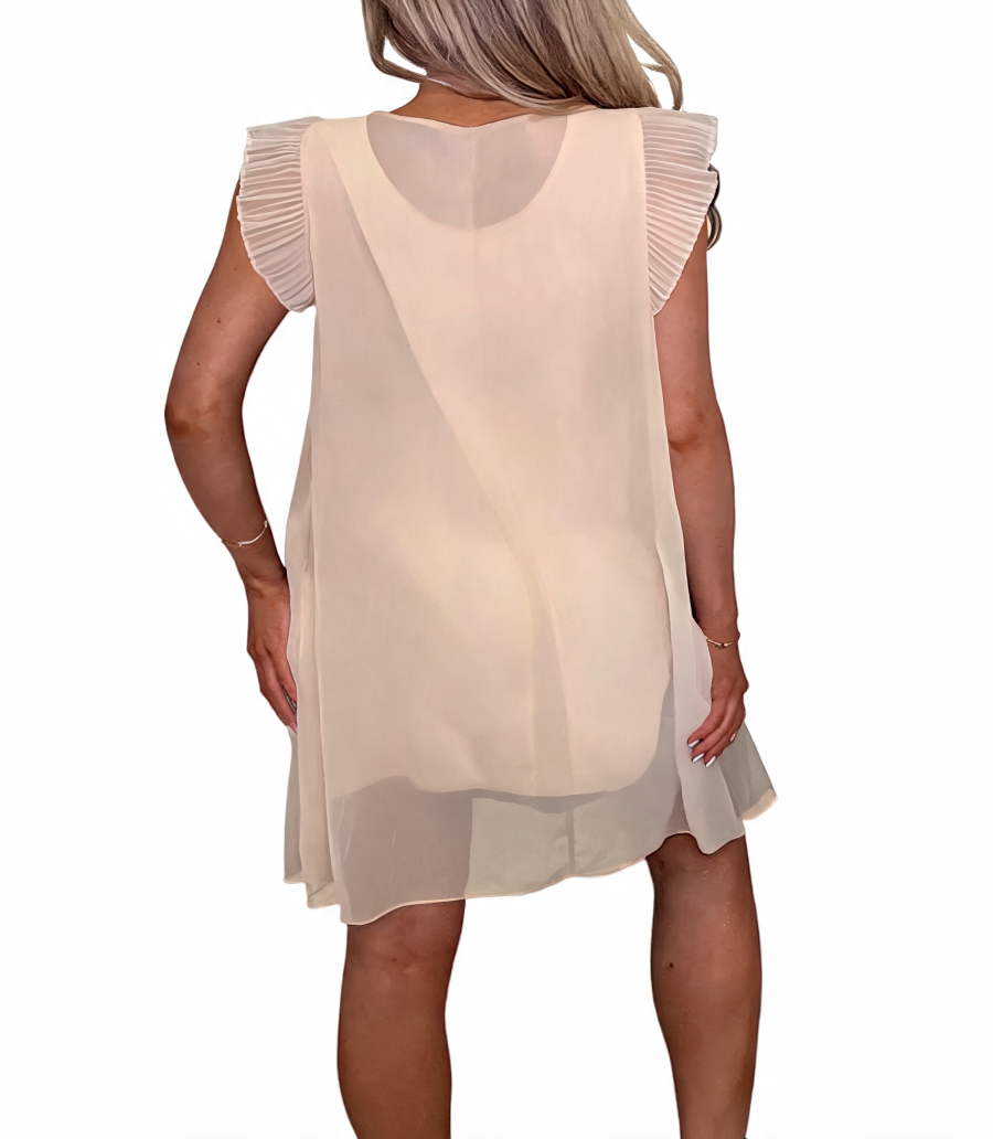 Chiffon Ruffle Sleeve Swing Dress - Beige