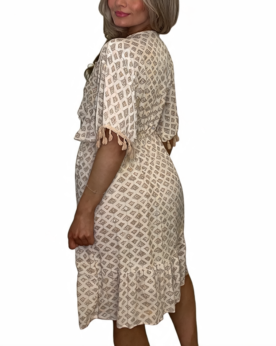 Geometric Print Tassel Tie Kaftan Dress - Beige