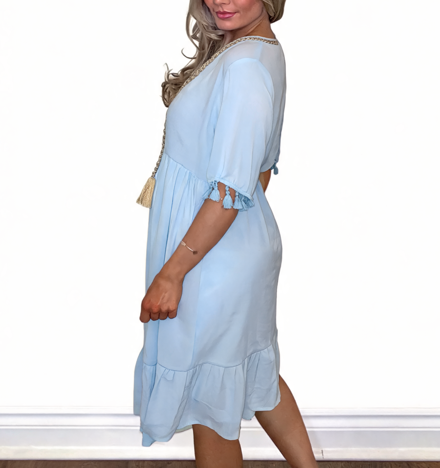 Boho Tassel-Trim V-Neck Midi Dress - Sky Blue