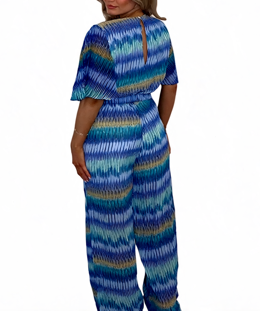 Tie-Dye Stripe Wrap Front Wide Leg Jumpsuit - Royal - Sky Blue