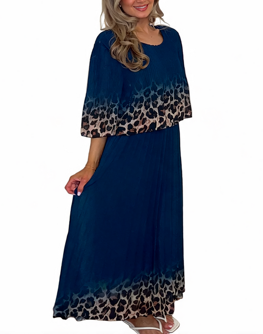 Leopard Print Border Pleated Maxi Dress - Navy