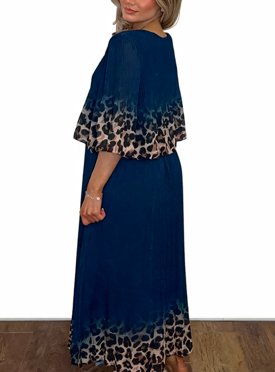 Leopard Print Border Pleated Maxi Dress - Navy