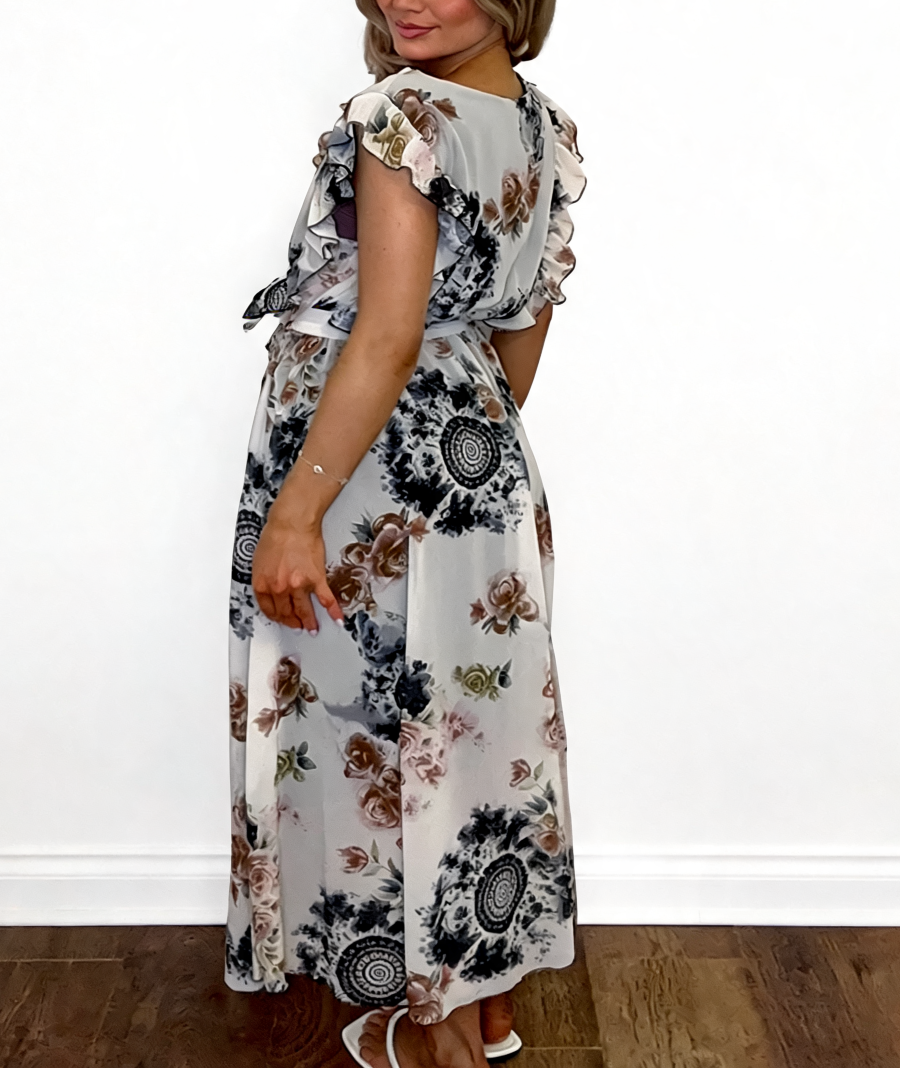 Floral Print Wrap Front Ruffle Sleeve Maxi Dress - Black