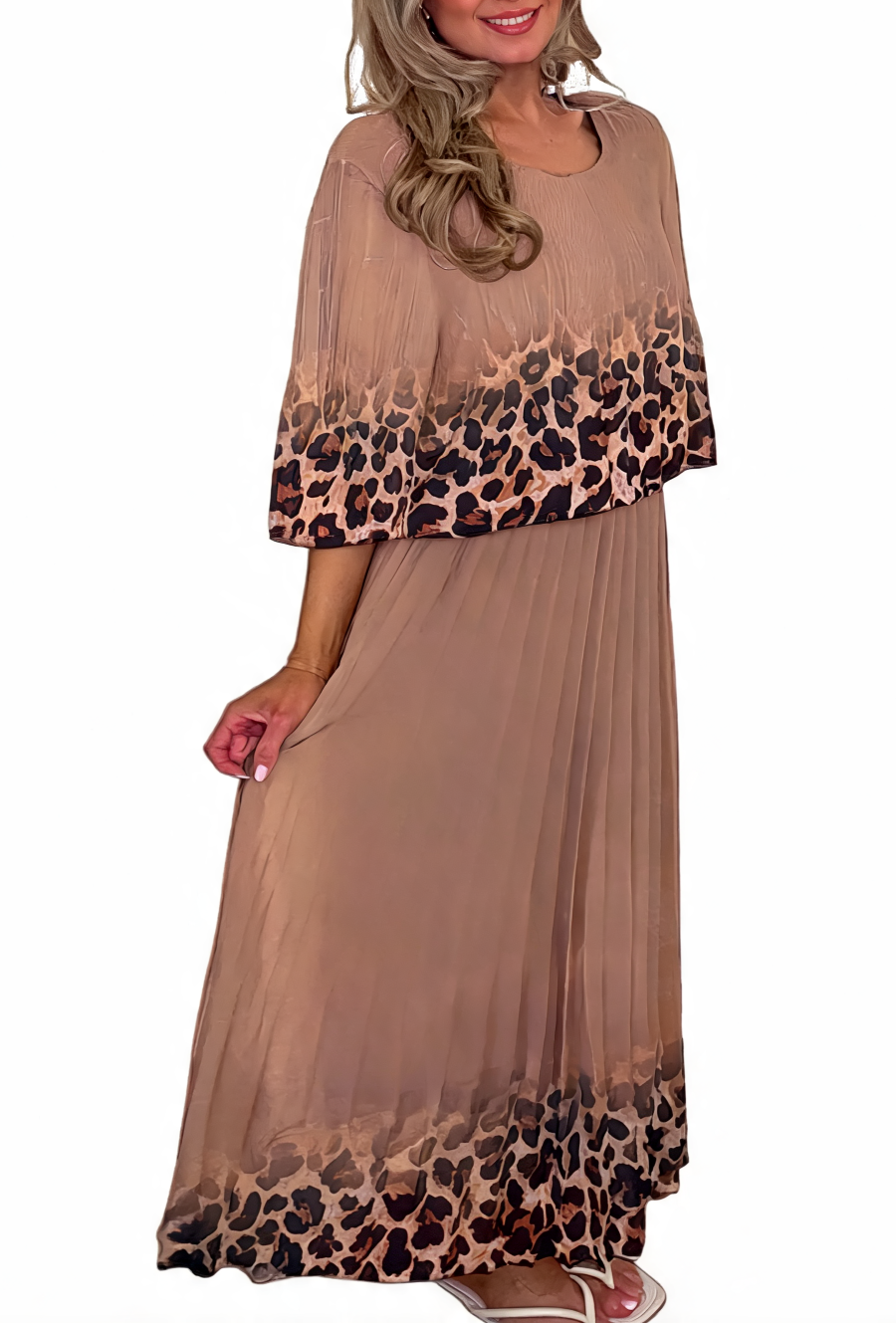 Leopard Print Border Pleated Maxi Dress - Mocha