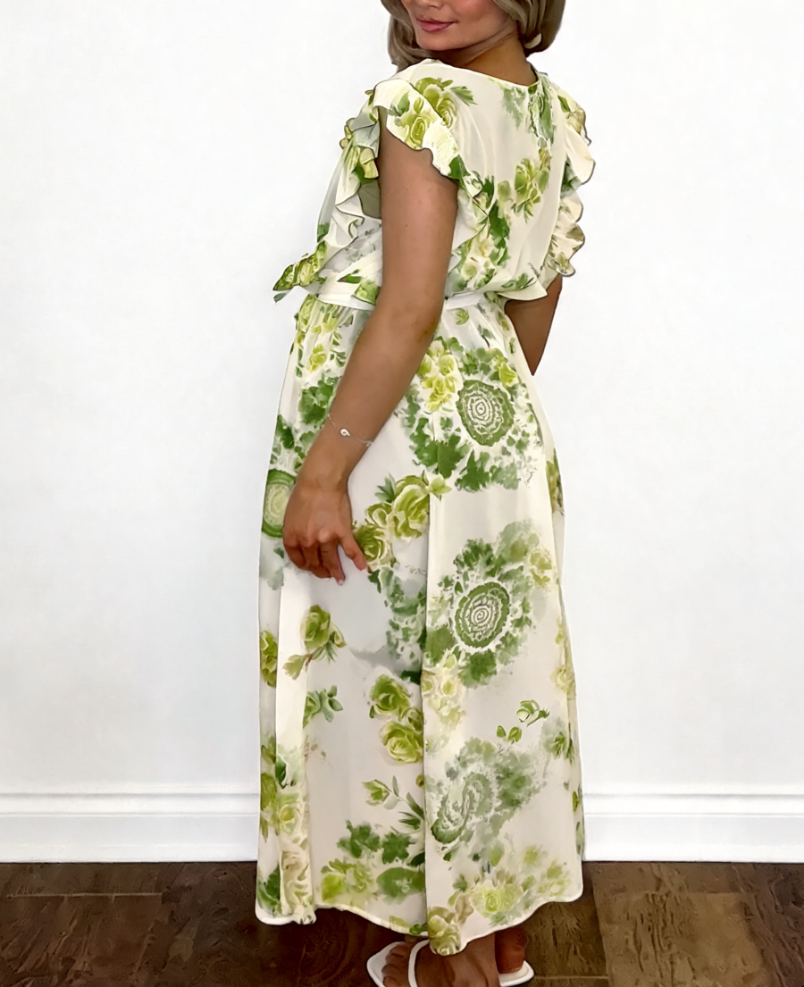 Floral Print Wrap Front Ruffle Sleeve Maxi Dress - Khaki
