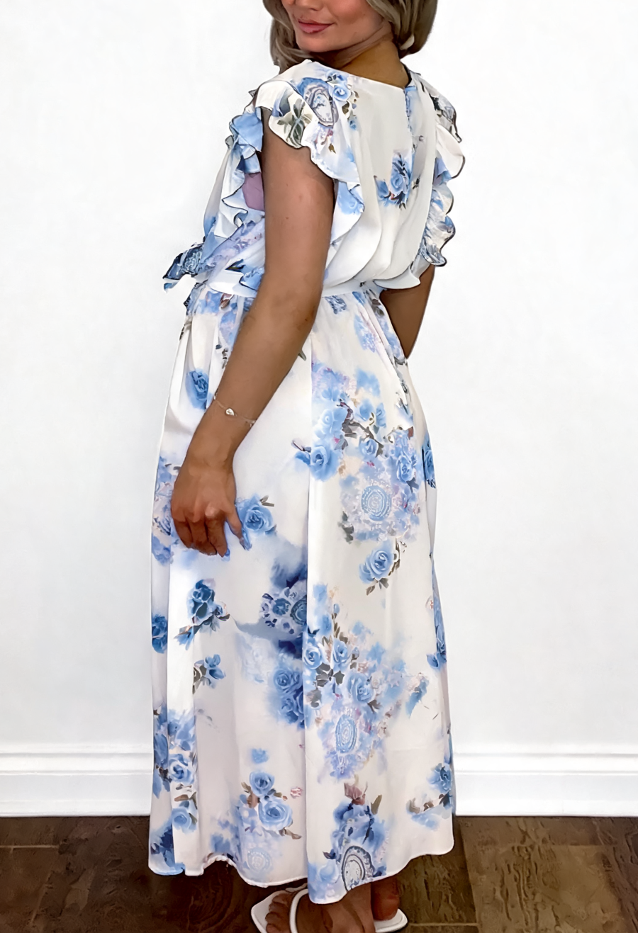 Floral Print Wrap Front Ruffle Sleeve Maxi Dress - Sky Blue