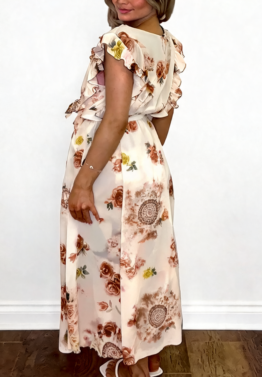 Floral Print Wrap Front Ruffle Sleeve Maxi Dress - Brown
