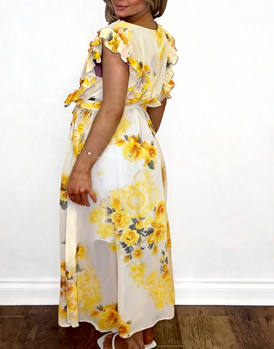 Floral Print Wrap Front Ruffle Sleeve Maxi Dress - Lemon