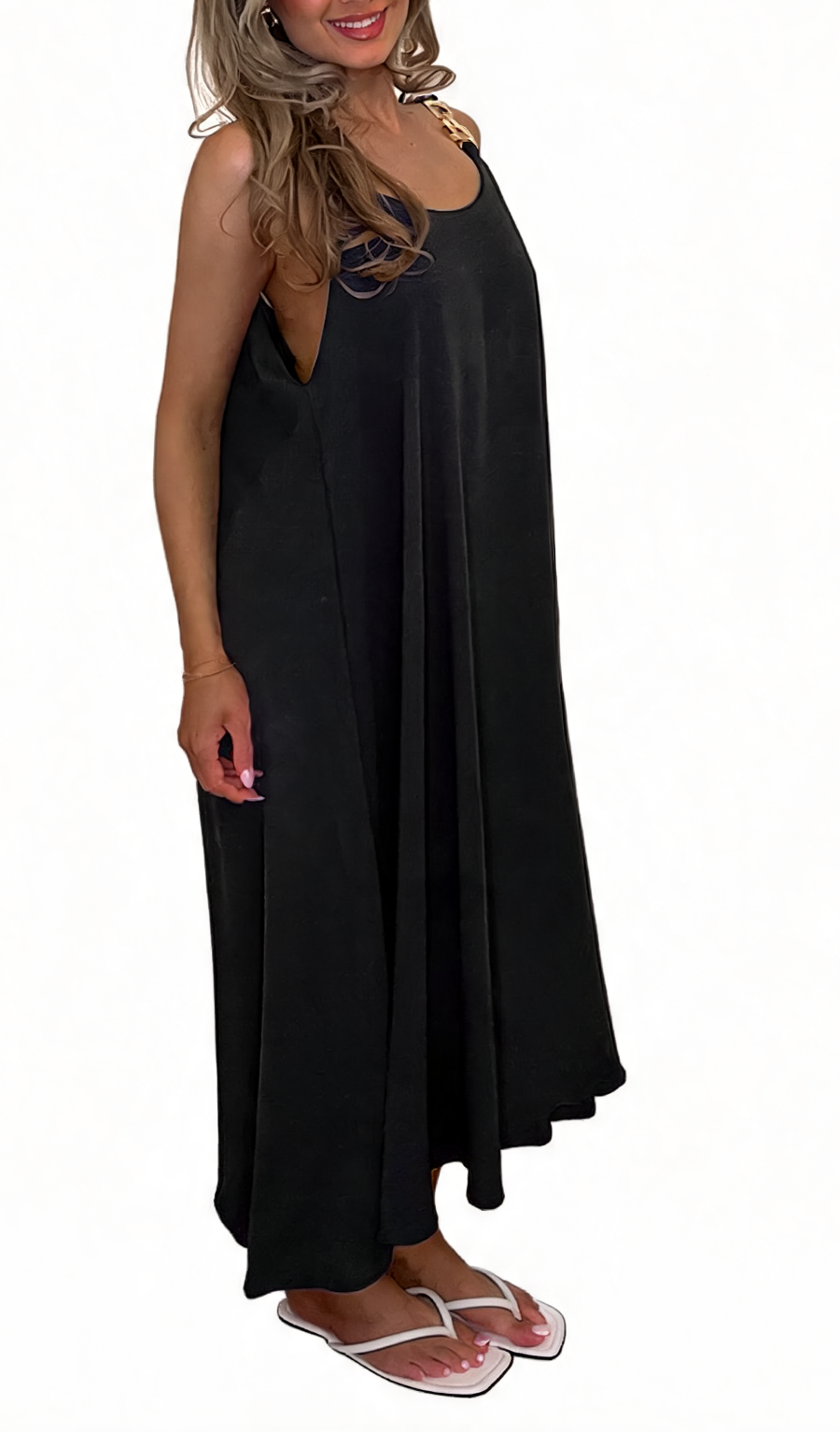 Buckle Strap Oversized Cami Maxi Dress - Black