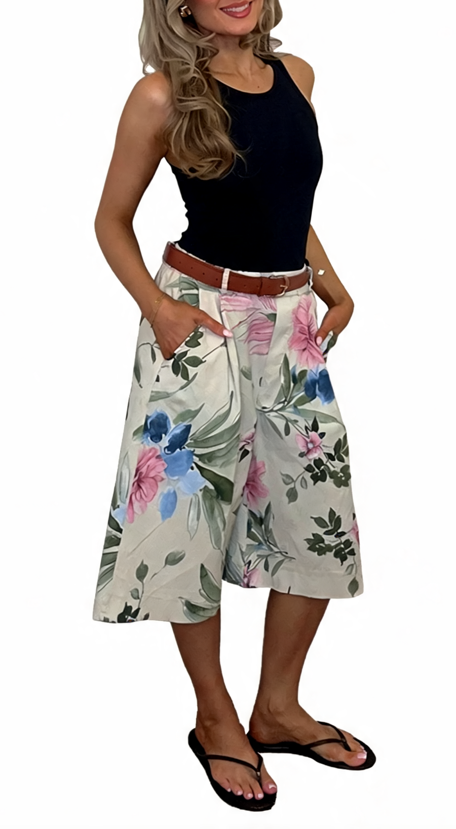 Floral Print High-Waist Belted Culottes Bohemian Wide-Leg Shorts with Pockets - Beige