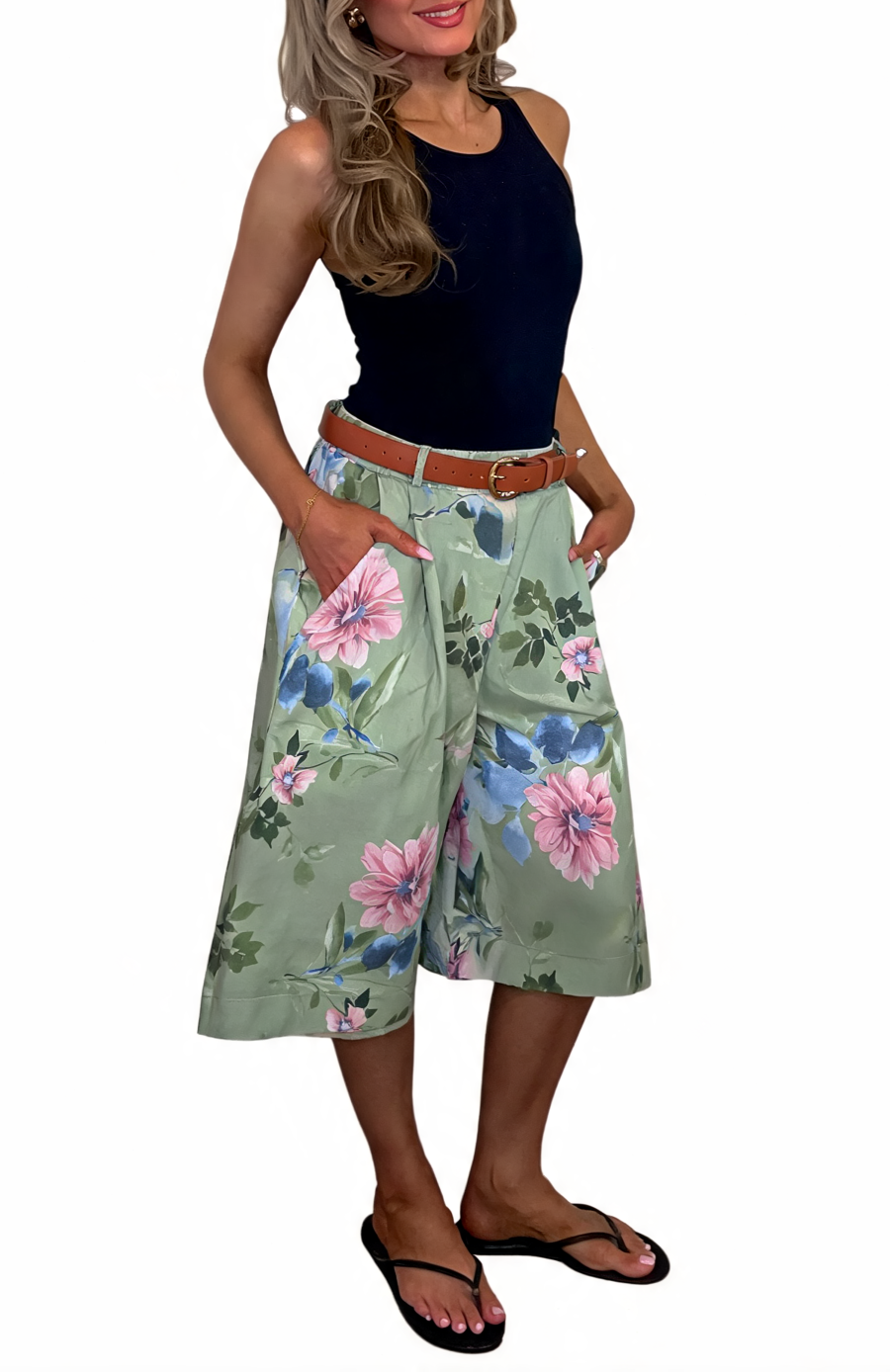 Floral Print High-Waist Belted Culottes Bohemian Wide-Leg Shorts with Pockets - Khaki