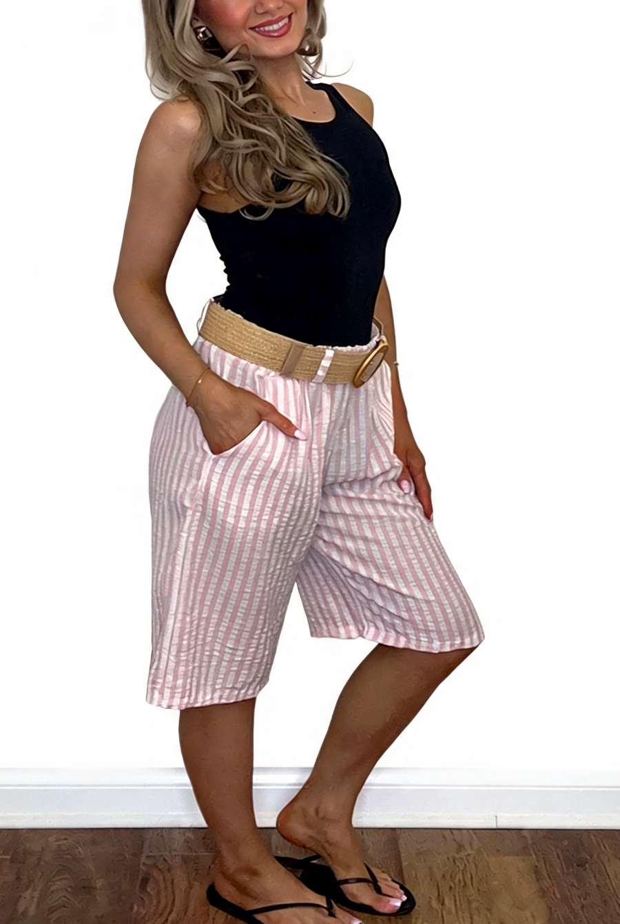 Striped High-Waist Culottes Seersucker Wide-Leg Bermuda Shorts with Woven Belt - Pink