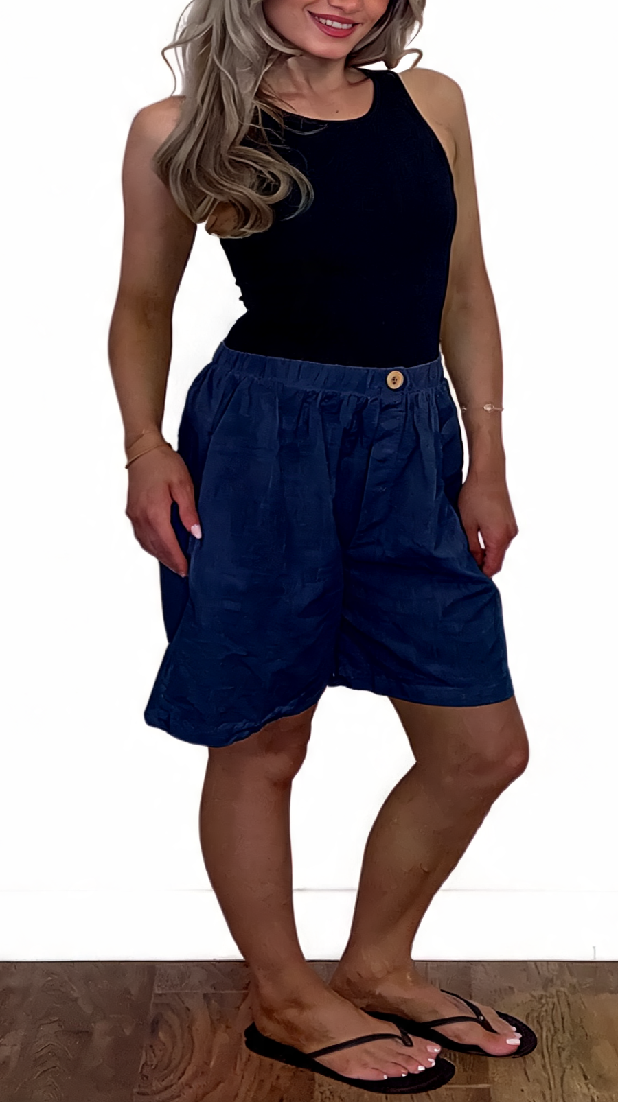 Linen-Look Elasticated Bermuda Shorts Casual High-Waist Summer Shorts with Pockets - Navy
