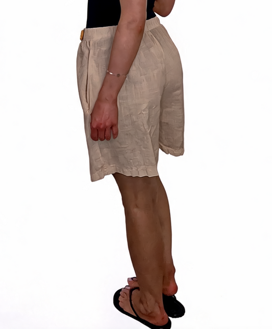 Linen-Look Elasticated Bermuda Shorts Casual High-Waist Summer Shorts with Pockets - Taupe