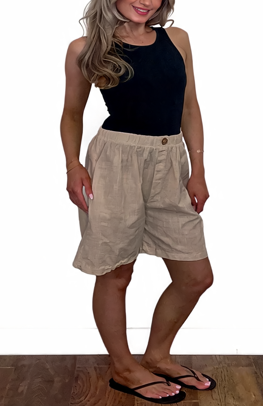 Linen-Look Elasticated Bermuda Shorts Casual High-Waist Summer Shorts with Pockets - Taupe