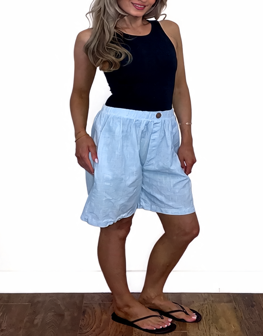 Linen-Look Elasticated Bermuda Shorts Casual High-Waist Summer Shorts with Pockets - Sky Blue