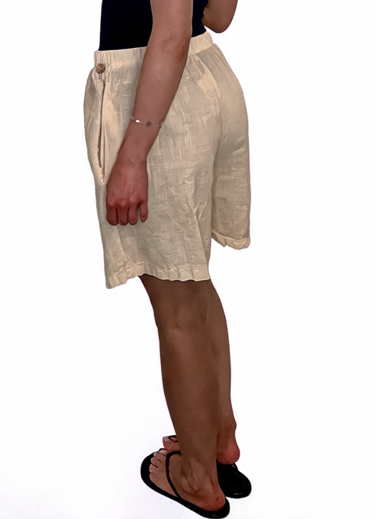 Linen-Look Elasticated Bermuda Shorts Casual High-Waist Summer Shorts with Pockets - Beige