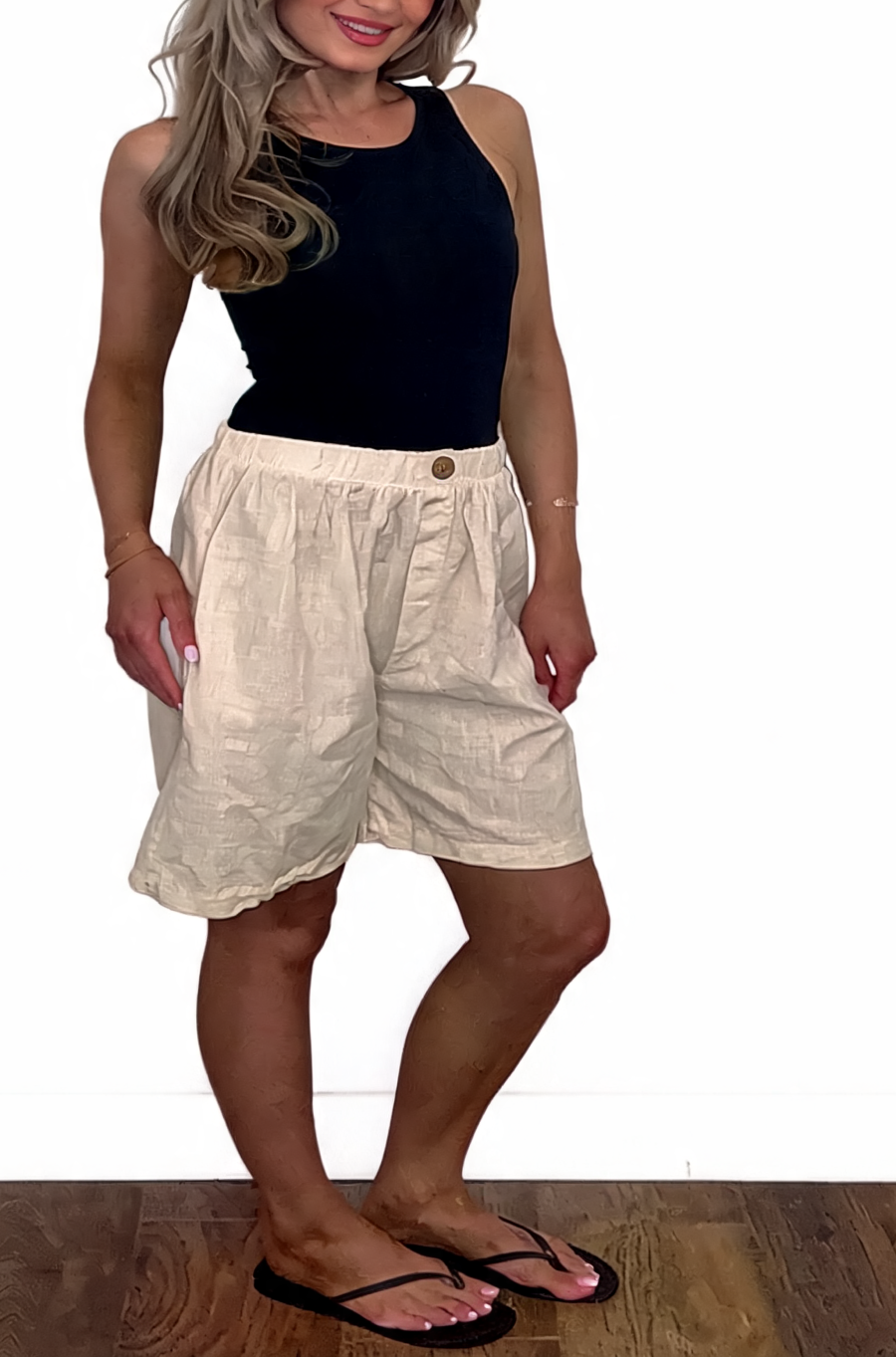 Linen-Look Elasticated Bermuda Shorts Casual High-Waist Summer Shorts with Pockets - Beige