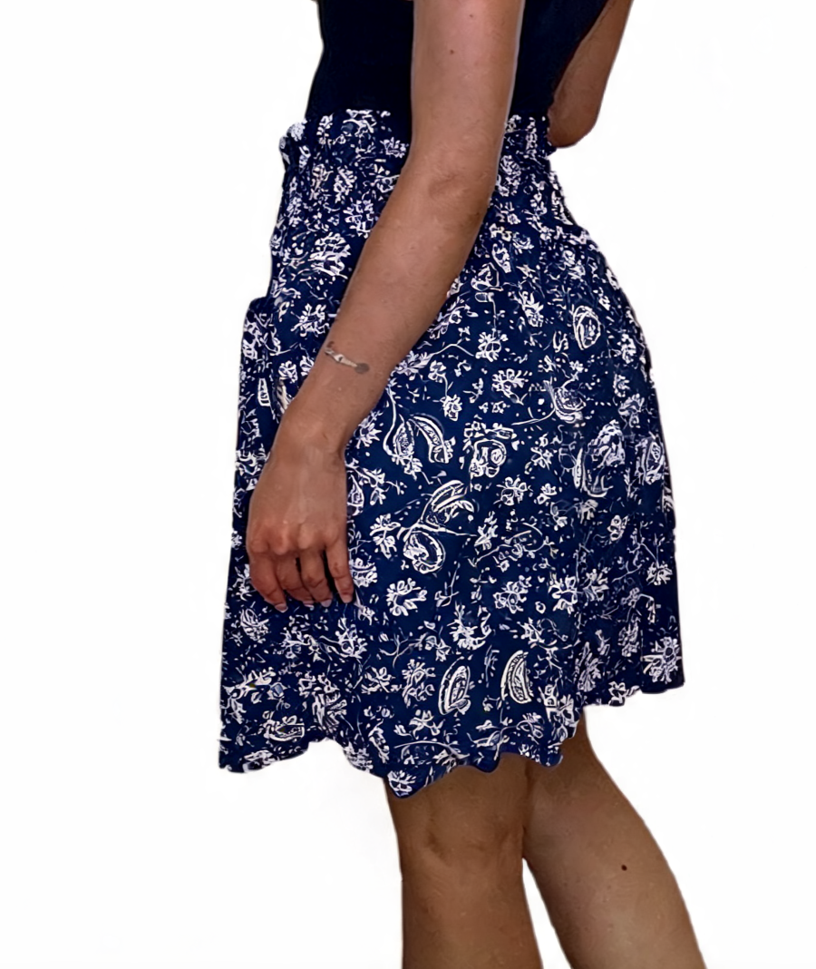Paisley Floral Print High-Waisted Flowy Shorts- Navy