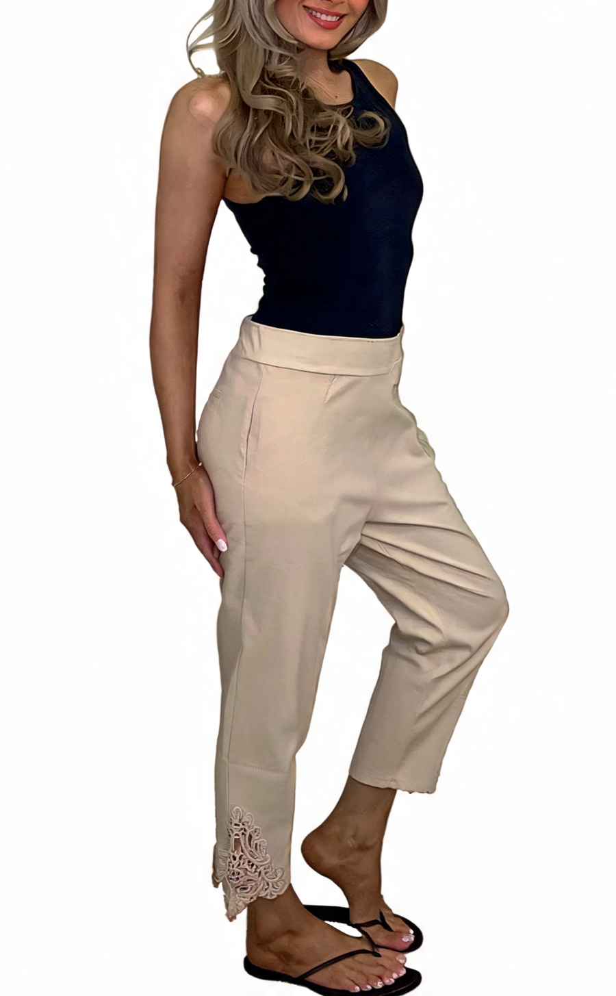 High-Waisted Tapered Trousers with Crochet Lace Hem - Beige