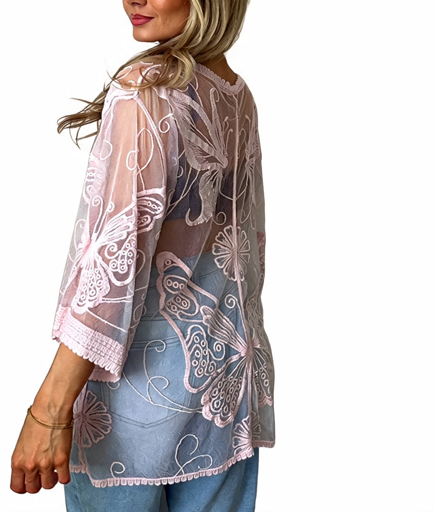 Sheer Mesh Butterfly Embroidered Kimono Cover-Up - Dusty Pink